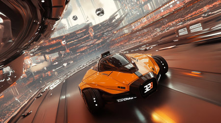 3D rendering of a brand-less generic concept car in a futuristic environment