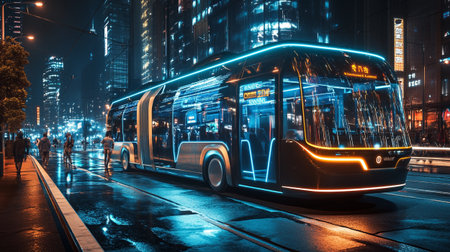 tram in the city at night,shanghai china.の写真素材