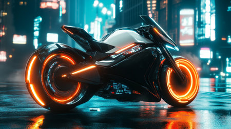Cyberpunk motorcycle with neon lights in the city. 3d rendering.の写真素材
