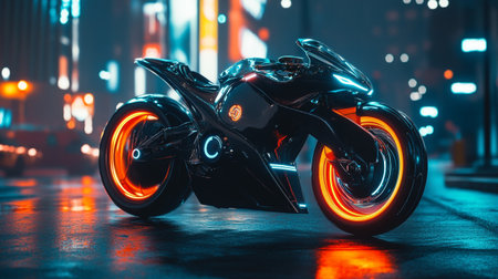 Racing motorcycle in the city at night with neon lights. Concept of speed and motion.の写真素材