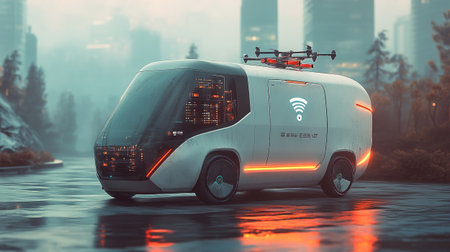 3D rendering of an autonomous electric car with a wireless charger in the cityの写真素材