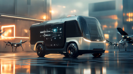 3D rendering of an autonomous delivery van with a drone in the backgroundの写真素材