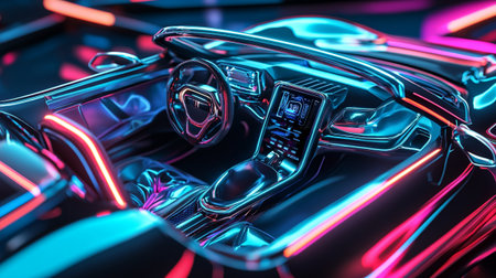 3D rendering of a car interior with neon lights and steering wheel