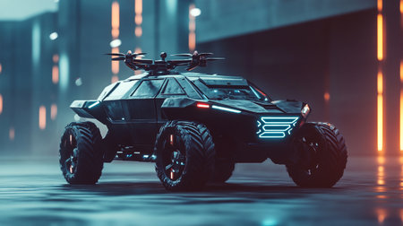 3D rendering of a monster truck in a dark futuristic space.