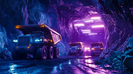 Trucks in the mine. Mining industry. Night scene.