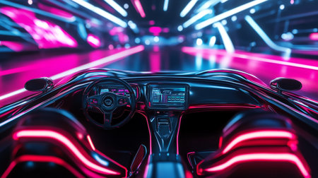3D rendering of a modern car with neon lights in the backgroundの写真素材
