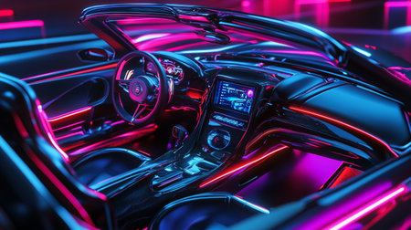 Modern car interior in neon light. 3d rendering toned imageの写真素材