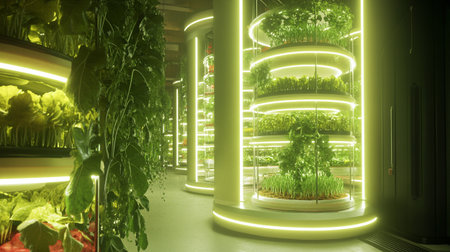 3d rendering of a green corridor with neon lights and plants inside
