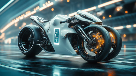 3d rendering of a white motorcycle on the road in the cityの写真素材