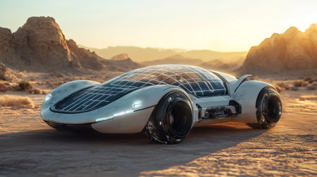 3D rendering of a futuristic car with solar panels in the desertの写真素材