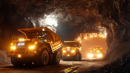Trucks in an underground mine at night. Long exposure.