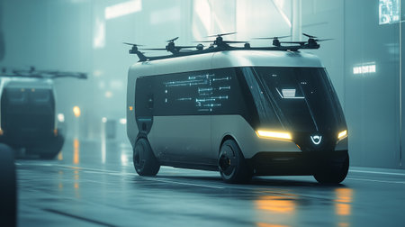 3d rendering of a modern electric vehicle with a drone on topの写真素材
