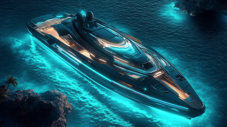 3D rendering of a luxury yacht in the sea with blue background