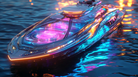 Close-up view of a yacht in the sea at night.