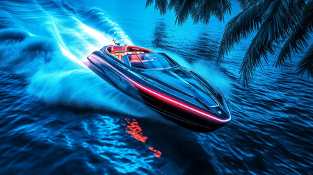 Speedboat in the sea with palm trees and waves. 3d rendering