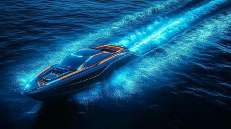 Speedboat in the blue sea. 3d rendering. Computer digital drawing.の写真素材