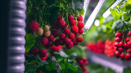 Raspberries and red currants on a branch in a greenhouse