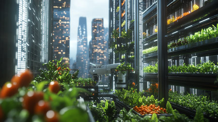 3D render of a greenhouse with fresh vegetables in the foreground.