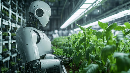3d rendering humanoid robot working in greenhouse with seedlings, artificial intelligence concept