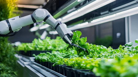 Close-up of a robot working in a hydroponic farm