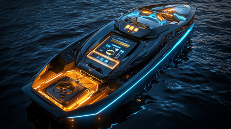 3d rendering of a speedboat in the sea with neon lights