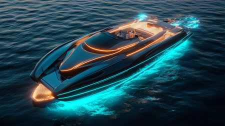 3D rendering of a speedboat in the ocean with neon lights