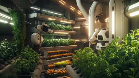 3D rendering of a robot working in a greenhouse with plants.