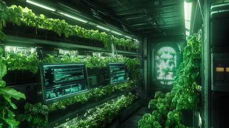 Greenhouse with rows of plants and computers in the interior. 3D rendering