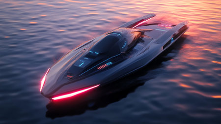3d rendering of a speedboat on the water in the eveningの写真素材