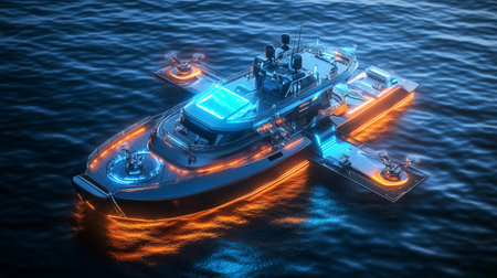 3d rendering of a military ship in the sea with neon lights