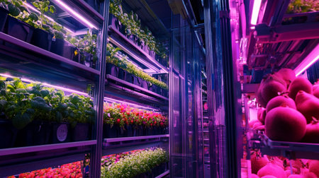 A vertical shot of a greenhouse with flowers and plants in the foreground