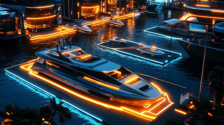 Night view of a luxury yacht with neon lights. 3d renderingの写真素材