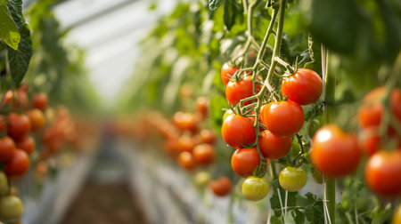 Ripe red tomatoes on a branch in a greenhouse. Selective focus.の写真素材