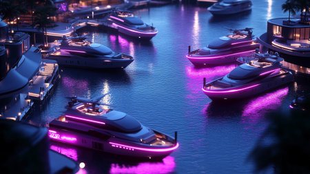 Luxury yachts and boats in the harbor at night