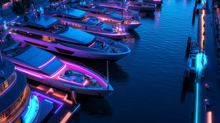 Luxury yachts and boats in marina at night