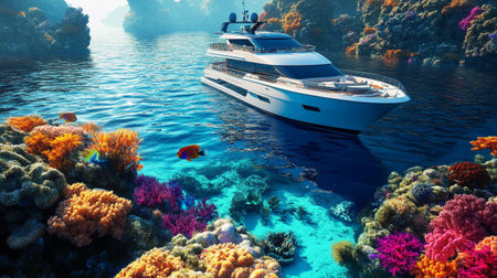Beautiful coral reef with luxury yacht and tropical fish. 3d render
