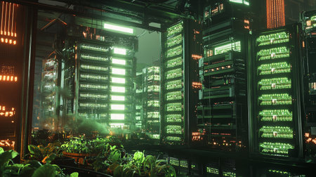 Futuristic city at night with neon lights and green plants.