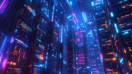 3d rendering of server room with glowing neon lights in the dark