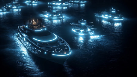 Futuristic ship in the dark with neon lights. 3d rendering