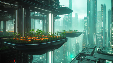Futuristic city in the mist. Futuristic city concept.