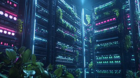 Futuristic server room data center with green plants and neon lightsの写真素材