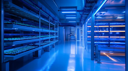 Interior of a modern data center with blue lights. Industrial background