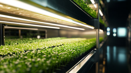 Organic hydroponic sprouts growing in greenhouse. Selective focus