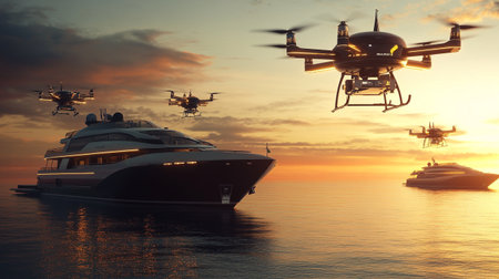 Drone flying over the sea at sunset. 3d illustration.の写真素材