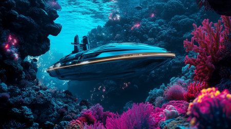 Futuristic ship in the deep blue sea. 3d rendering