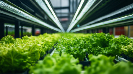 Organic hydroponic vegetable cultivation farm in greenhouse, selective focus.