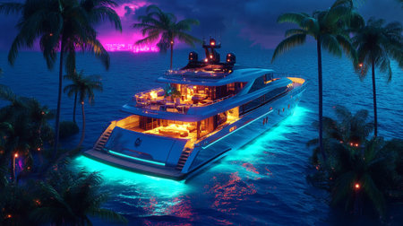 luxury yacht in the ocean at night. 3D rendering.