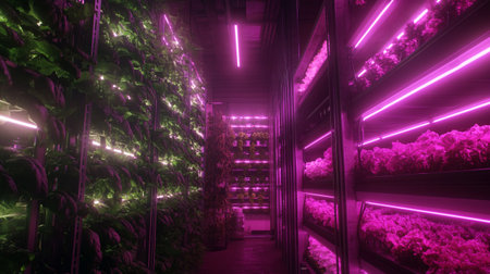 3D rendering of a modern greenhouse with neon lights and plantsの写真素材