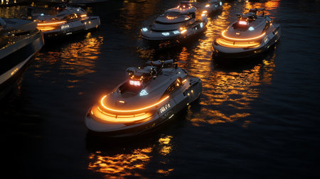 Luxury yachts moored in the harbor at nightの写真素材