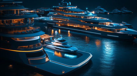 Luxury yachts in the port at night. 3d renderingの写真素材